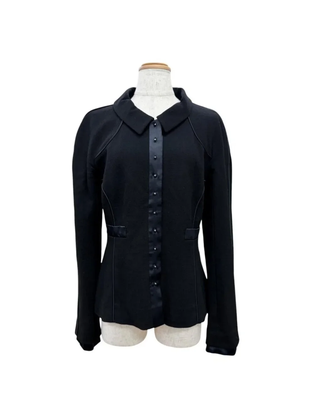 Chanel Vintage Wool Silk CC Logo Piping Jacket Black Navy 40